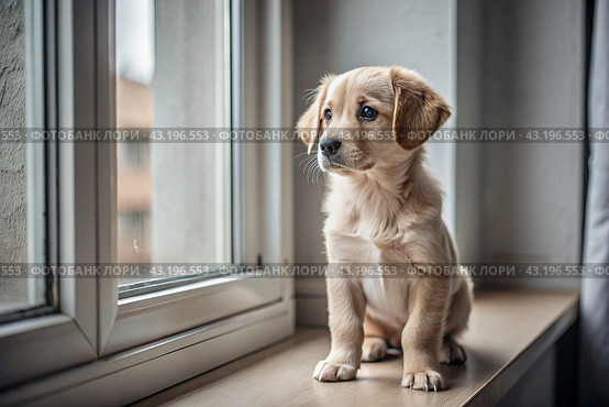 Leaving the animal alone at home. A sad little puppy looks out the window and waits for its owner. Стоковое AI-изображение, AI-художник Photojuli / Фотобанк Лори