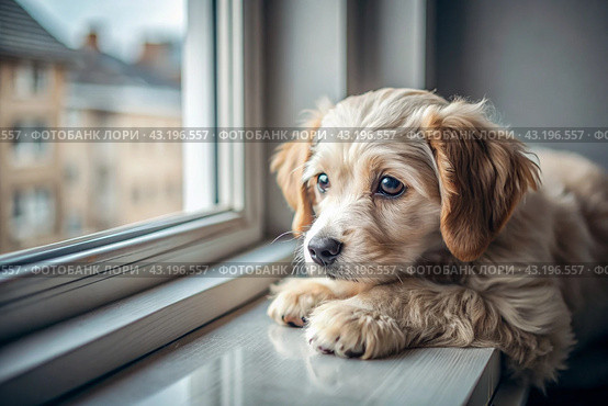 Leaving the animal alone at home. A sad little puppy looks out the window and waits for its owner. Стоковое AI-изображение, AI-художник Photojuli / Фотобанк Лори