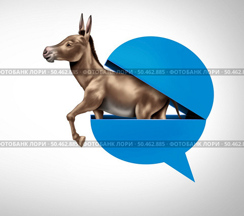 Left Wing Commentary and liberal talk symbol as an open blue speech bubble with a donkey emerging out as a symbol of politics in the United States and political icon for left-wing discussion with 3D illustration elements. . Стоковое фото, агентство Ingram Publishing / Фотобанк Лори