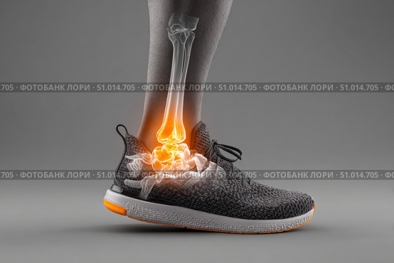 Leg with ankle joint pain icon. Foot wearing running shoes showing the bones in the ankle area. Grey floor. Feet with red effect of painful injury problems. Legs with anatomical detail glowing orange. Стоковое AI-изображение, AI-художник Марина Демидюк / Фотобанк Лори