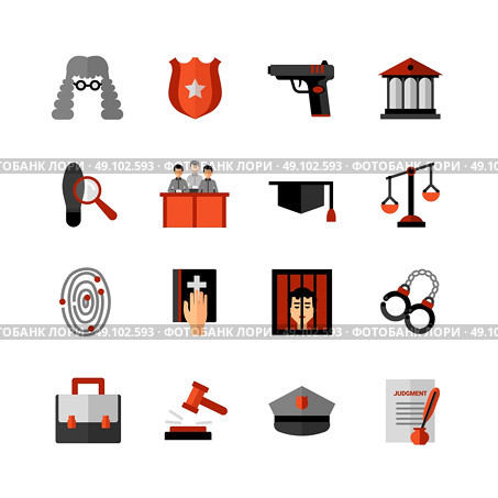 Legal Law Flat Icons Set . Legal law symbols flat icons collection with bible oath and court jury conviction verdict abstract isolated vector illustration. Стоковая иллюстрация, агентство Ingram Publishing / Фотобанк Лори