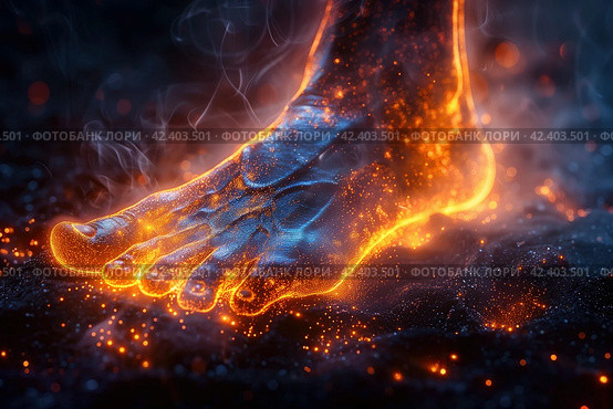 Legs burning in fire, heel spur, pain in the foot, skin diseases concept, joint inflammation, hallux valgus, plantar fasciitis, AI Generated. Стоковое AI-изображение, AI-художник Станислав Тарко / Фотобанк Лори