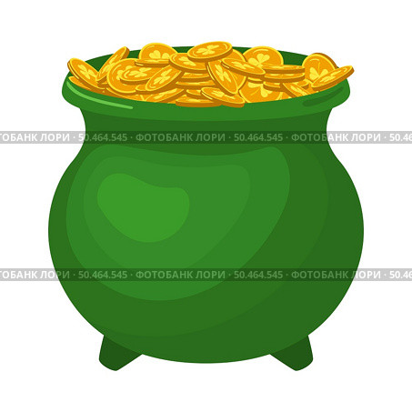 Leprechaun pot with gold coins. Cartoon element of Irish beer festival St Patrick’s day. Vector Illustration. Стоковая иллюстрация, агентство Ingram Publishing / Фотобанк Лори