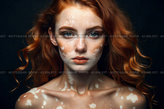 Leukoderma. Vitiligo. Violation of skin pigmentation. Large white spots all over the body and face. Portrait of a beautiful girl with a skin disease. Стоковое AI-изображение, AI-художник Photojuli / Фотобанк Лори