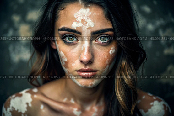 Leukoderma. Vitiligo. Violation of skin pigmentation. Large white spots all over the body and face. Portrait of a beautiful girl with a skin disease. Стоковое AI-изображение, AI-художник Photojuli / Фотобанк Лори