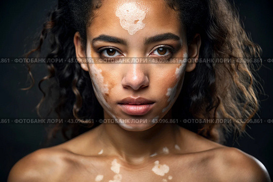 Leukoderma. Vitiligo. Violation of skin pigmentation. Large white spots all over the body and face. Portrait of a beautiful girl with a skin disease. Стоковое AI-изображение, AI-художник Photojuli / Фотобанк Лори
