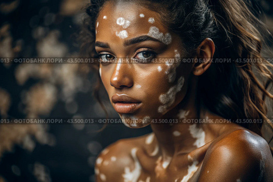Leukoderma. Vitiligo. Violation of skin pigmentation. Large white spots all over the body and face. Portrait of a beautiful girl with a skin disease. Стоковое AI-изображение, AI-художник Photojuli / Фотобанк Лори