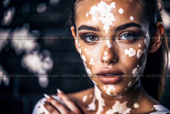 Leukoderma. Vitiligo. Violation of skin pigmentation. Large white spots all over the body and face. Portrait of a beautiful girl with a skin disease. Стоковое AI-изображение, AI-художник Photojuli / Фотобанк Лори
