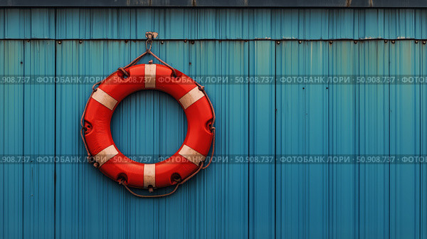 Life Preserver on a Bright Blue Wall at a Waterfront Location in Warm Sunlight. Стоковое AI-изображение, AI-художник Юлия Гапеенко / Фотобанк Лори