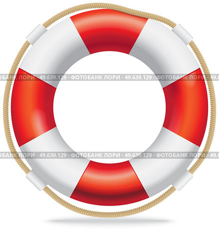 Lifebuoy red and white life ring with rope. Device for rescuing drowning sailor. Remedy for people who can not swim. Lifebuoy for pulling people out of water. Rescue device marine ship equipment. Red lifebuoy with rope isolated on white background. Life-saving remedy for drowning man. Стоковая иллюстрация, агентство Ingram Publishing / Фотобанк Лори