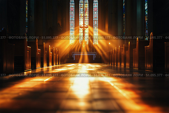 Light Beams Illuminate the Interior of a Cathedral During Early Morning Hours. Стоковое AI-изображение, AI-художник Юлия Гапеенко / Фотобанк Лори