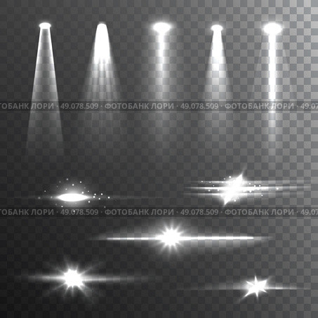 Light Beams White on Black composition . White beam lights set of different shapes and projections gleaming in the darkness banner abstract vector illustration  . Стоковая иллюстрация, агентство Ingram Publishing / Фотобанк Лори