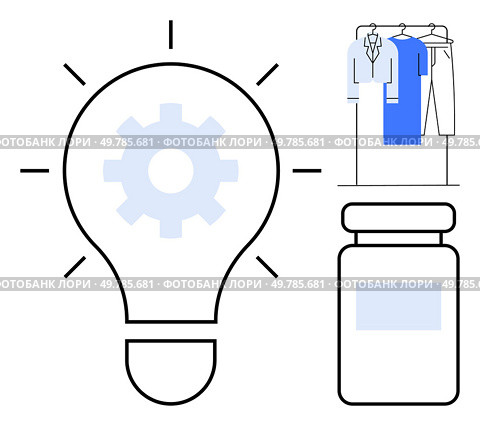 Light bulb with gear center, clothing rack with shirts and pants, and medicine bottle. Ideal for creativity, daily essentials, health, innovation, productivity fashion medical themes. Line metaphor. Innovation and Daily Life Light Bulb, Clothing Rack, and Medicine Bottle Combining Concepts. Стоковая иллюстрация, агентство Ingram Publishing / Фотобанк Лори