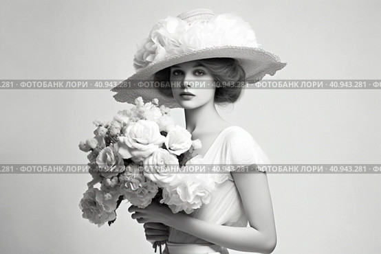 Light monochrome modern beautiful woman in 1910s fashion style with hourglass waist, voluminous skirt and wide hat decorated with flowers and veil.  Generative AI. Стоковое AI-изображение, AI-художник Анна Кривицкая / Фотобанк Лори