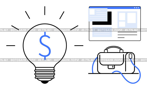 Lightbulb with dollar symbol represents a profitable idea next to a web browser interface and work bag. Ideal for entrepreneurship, online business, e-commerce, start-ups, work-from-home, innovation. Bright Idea for Online Business and Success with Website and Work Bag Design Illustration. Стоковая иллюстрация, агентство Ingram Publishing / Фотобанк Лори
