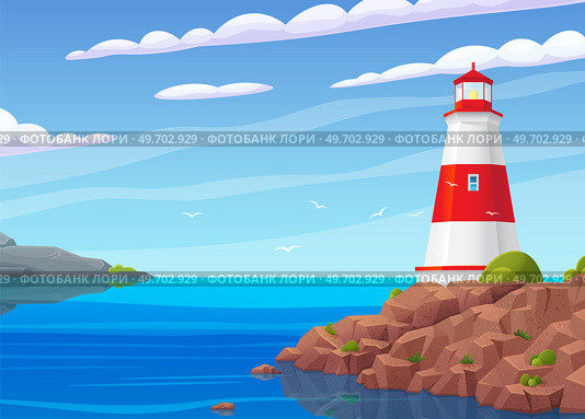 Lighthouse on sea coast. Summer landscape of ocean beach with beacon on cliff. Scenery of nature with sea and building. Lighthouse on bank, rocks and plants. Scenic landscape, view of beacon. Summer landscape of ocean beach with beacon on cliff. Beautiful scenery of sea with lighthouse. Стоковая иллюстрация, агентство Ingram Publishing / Фотобанк Лори