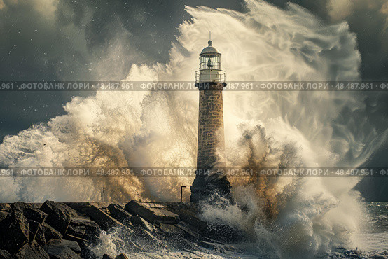 Lighthouse resisting huge waves during powerful storm. Стоковое AI-изображение, AI-художник Иван Рябоконь / Фотобанк Лори