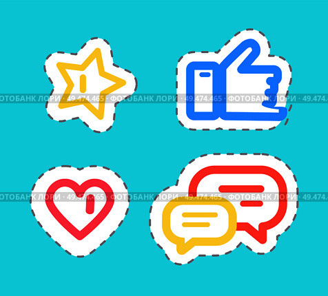 Like and thumb up stickers, set of isolated patches vector. Chatting boxes and heart, star as important item. Social network website icons and parts. Like and Thumb Up Stickers Set Isolated Vector. Стоковая иллюстрация, агентство Ingram Publishing / Фотобанк Лори