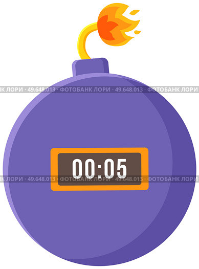 Lilac bomb with timer on and fire burns on wick isolated on white background vector illustration. Danger symbol, round dynamite. Detonating hazard charge. Explosive attack weapon with time board. Lilac bomb with timer on and fire burns on wick isolated on white background vector illustration. Стоковая иллюстрация, агентство Ingram Publishing / Фотобанк Лори