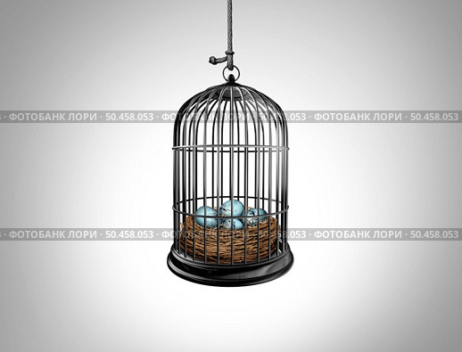 Limited Opportunity Concept and lack of future opportunities as a nest full of eggs imprisoned in a bird cage as a symbol for restricted plan with 3D illustration elements. Стоковое фото, агентство Ingram Publishing / Фотобанк Лори