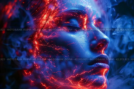 Лицо девушки с искрящимся рисунком молнии. Стоковое AI-изображение, AI-художник Щеголева Ольга / Фотобанк Лори