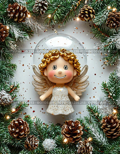 Little angel on the tree, Christmas tree toy, ball. Christmas card. Стоковое AI-изображение, AI-художник Сергей Елизарьев / Фотобанк Лори