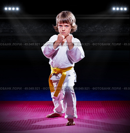 Little boy aikido fighter at sports hall. Стоковое фото, агентство Ingram Publishing / Фотобанк Лори
