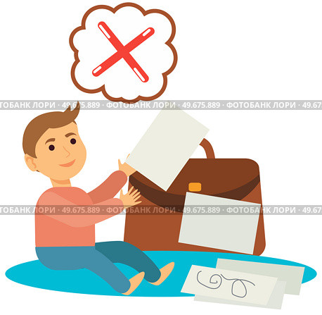 Little boy draws on documents of his father. Child spoils work papers and says no, negative answer. Kid drawing on paper next to briefcase of adult man. Person near red cross sticker in speech bubble. Little boy draws on documents of his father. Child spoils work papers and says no, negative answer. Стоковая иллюстрация, агентство Ingram Publishing / Фотобанк Лори