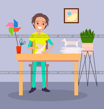 Little boy makes figurines from paper, origami, hobbies. Shape of bird, windmill stack. Man character making applique from paper. Creating art. Cutout hobby. Flat vector image, colorful background. The boy makes paper figures. The art of origami. Creative hobby. Stay home. Flat vector image. Стоковая иллюстрация, агентство Ingram Publishing / Фотобанк Лори