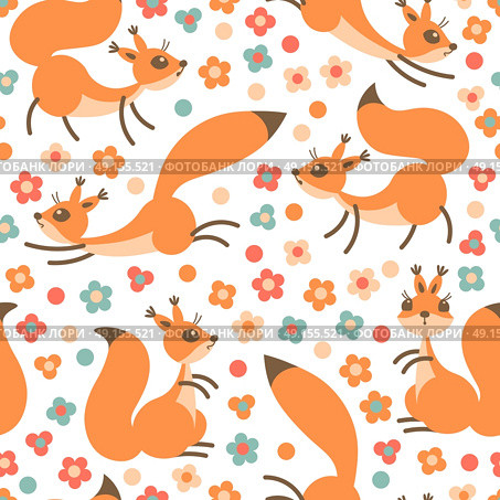 Little cute squirrels on flowers meadow. Seamless spring or summer pattern for gift wrapping, wallpaper, childrens room, clothing.. Little cute squirrels on flowers meadow. Seamless spring or summer pattern for gift wrapping, wallpaper, childrens room, clothing. Vector illustration. Стоковая иллюстрация, агентство Ingram Publishing / Фотобанк Лори
