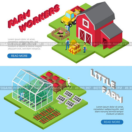 Little Farm  Work Facilities Isometric Banners  . Profitable small agricultural business 2 isometric website banners with farmworkers and farm facilities information isolated vector illustration . Стоковая иллюстрация, агентство Ingram Publishing / Фотобанк Лори