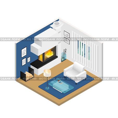 Living Room Isometric Interior With Fireplace. Living room interior with modern fireplace window blind furniture and carpet on beige floor isometric vector illustration. Стоковая иллюстрация, агентство Ingram Publishing / Фотобанк Лори