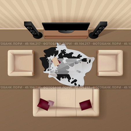 Living Room Top View Realistic Image . Living room with cowhide rug under the glass table coach and armchairs top view realistic vector illustration  . Стоковая иллюстрация, агентство Ingram Publishing / Фотобанк Лори
