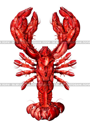 Lobster symbol isolated on a white background as a group of fresh seafood or shellfish food concept as a complete red shell crustacean in an overhead view isolated on a white background. Стоковое фото, агентство Ingram Publishing / Фотобанк Лори