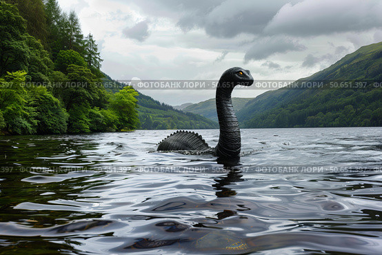 Loch ness monster swimming in loch ness lake, scotland, united kingdom. Стоковое AI-изображение, AI-художник Иван Рябоконь / Фотобанк Лори