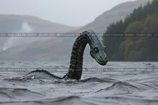 Loch ness monster swimming in the loch ness lake during a rainy day. Стоковое AI-изображение, AI-художник Иван Рябоконь / Фотобанк Лори