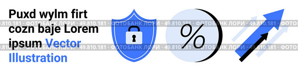 Lock inside blue security shield, percentage symbol in circle, arrows indicating growth. Ideal for cybersecurity, finance, data protection, analytics, statistics, technology, business. Landing page. Digital Security Shield, Percentage Symbol, and Arrow Growth Chart with Text in Blue. Стоковая иллюстрация, агентство Ingram Publishing / Фотобанк Лори