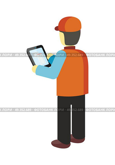 Logistician Manager Checks the Cargo Deivering.. Logistician checks the cargo deivering. Manager controls goods delivering to designated place. Equipment delivery process of warehouse. Loader man isolated on white. Business delivery of cargo. Vector. Стоковая иллюстрация, агентство Ingram Publishing / Фотобанк Лори