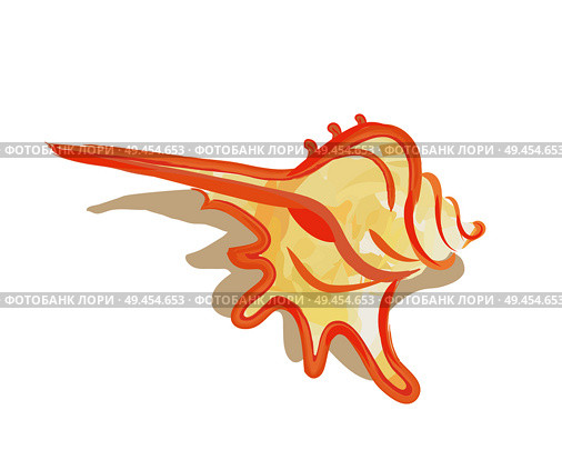 Logo of cream colored sea shell with orange outlines lying horizontally and casting shadow isolated illustration on white background in cartoon style. Icon of Sea Shell Isolated Illustration on White. Стоковая иллюстрация, агентство Ingram Publishing / Фотобанк Лори
