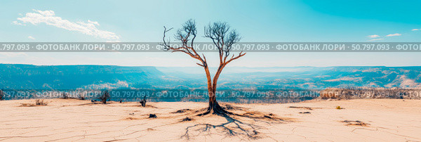 Lone Tree Stands Against Scorched Landscape: A Post-Fire Panorama. Стоковое AI-изображение, AI-художник Данила Большаков / Фотобанк Лори