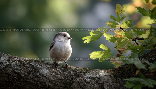 Long tailed tit perched on a branch near green leaves. Стоковое AI-изображение, AI-художник Юрий Поздников / Фотобанк Лори