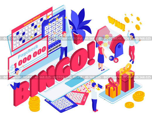 Lottery jackpot raffle ticket tumbler spinning  draw results winner million paycheck prize celebration isometric composition vector illustration. Стоковая иллюстрация, агентство Ingram Publishing / Фотобанк Лори