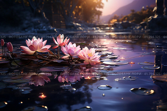 Lotuses on the lake, purple evening sunset light  Generative AI. Стоковое AI-изображение, AI-художник Анна Кривицкая / Фотобанк Лори