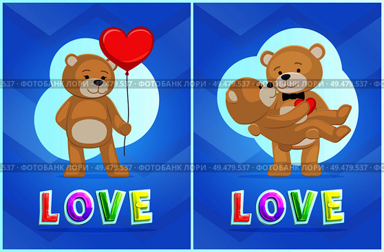 Love vector illustration with toy bear color cards, isolated on blue background animals, pair of furry dolls standing together, balloon in heart shape. Love Vector Illustration with Toy Bear Color Cards. Стоковая иллюстрация, агентство Ingram Publishing / Фотобанк Лори