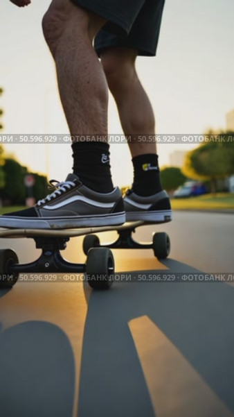 Low perspective shot of male feet in sneakers or skating shoes ride longboard and swerve on pavement. Cool extreme sport lifestyle or transportation mode. Стоковое AI-видео, аниматор Sergey Grishin / Фотобанк Лори