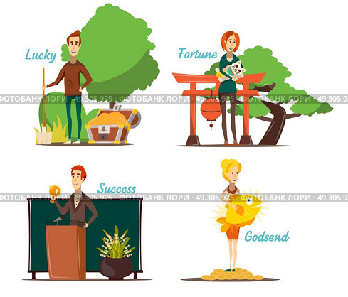 Lucky Break Compositions Set. Lucky situations compositions set of four isolated images with flat human character and appropriate outdoor scenery vector illustration . Стоковая иллюстрация, агентство Ingram Publishing / Фотобанк Лори