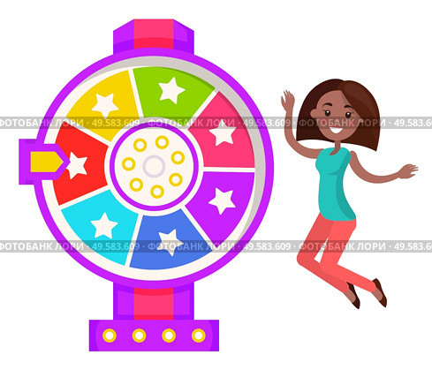 Lucky roulette with pointer and stars. Isolated female character happy of result on fortune wheel. Spinning circle and woman jumping with joy. Winner of laying bet in casino. Vector in flat style. Fortune Wheel Happy Winner of Prize in Casino. Стоковая иллюстрация, агентство Ingram Publishing / Фотобанк Лори