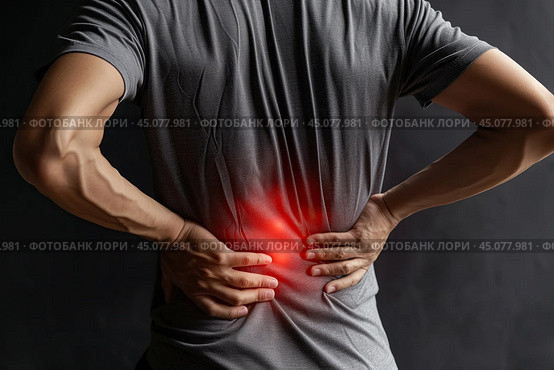 Lumbar intervertebral spine hernia, back pain, kidney stones, inflammation and disease, man suffering from backache at home. Стоковое AI-изображение, AI-художник Станислав Тарко / Фотобанк Лори