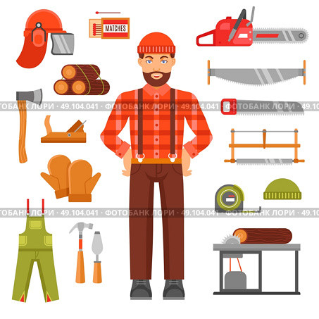 Lumberjack Decorative Flat Icons Set . Lumberjack decorative flat icons set with avatar of woodcutter timber saws matches casque overall isolated vector illustration. Стоковая иллюстрация, агентство Ingram Publishing / Фотобанк Лори