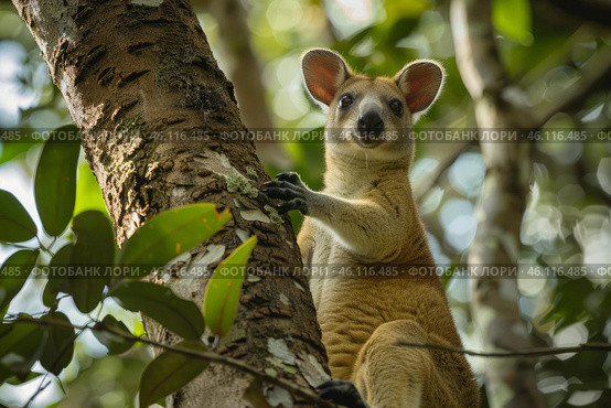 Lumholtz's tree kangaroo climbing a tree in queensland rainforest. Стоковое AI-изображение, AI-художник Иван Рябоконь / Фотобанк Лори